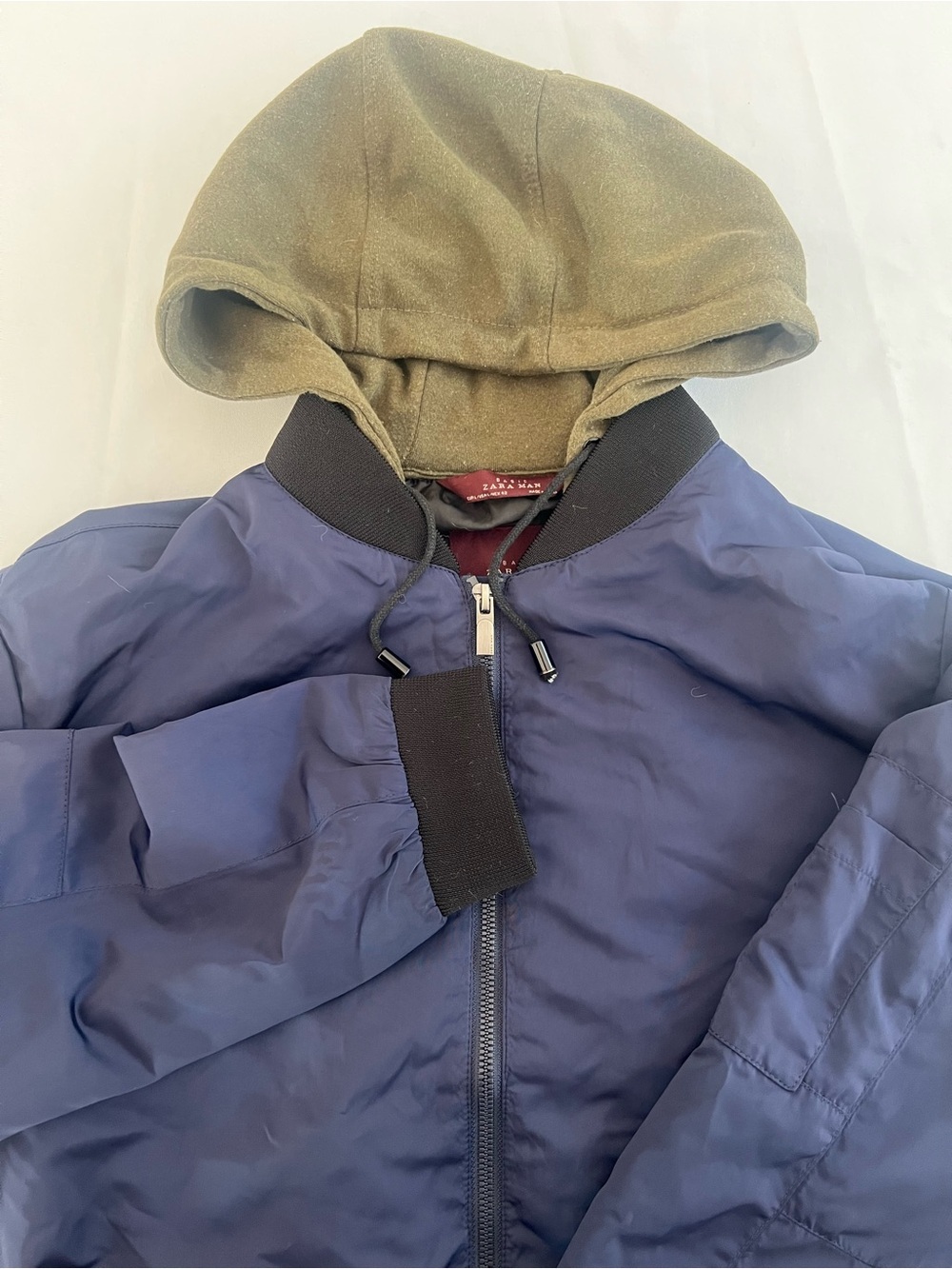 Zara Men Navy Blue Hooded Bomber Jacket